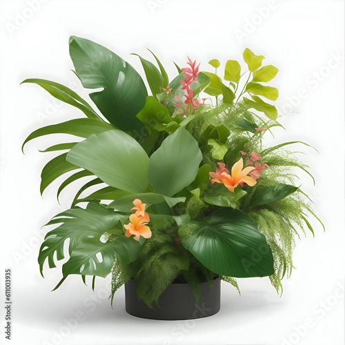 Green leaves and flowers of tropical plant, popular ornamental tree tropical houseplant isolated on white background, flowers. homedeco photo