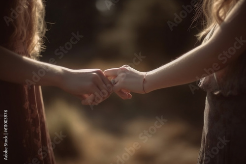 Partial view of two young teenage girls or female couple in love, holding hands in park. Happy, lovely romantic couple lover Valentine day, Teenage love, close moment together concept. Generative AI