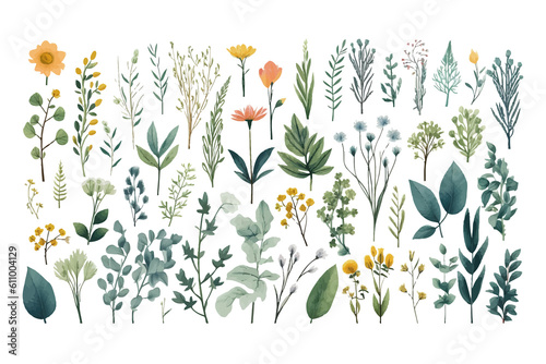  Big Set botanic elements - wildflowers, herbs, leaf. Flat hand-drawn illustration isolated on white background Generative AI