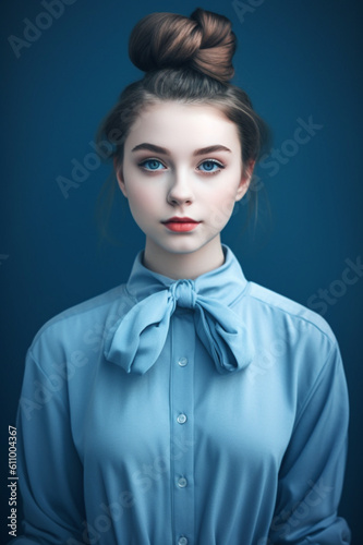Portrait of young woman on a blue background. AI generated