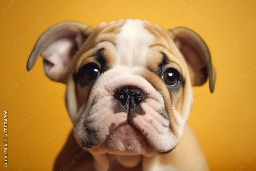 French Bulldog baby puppy pet with a happy face with curious sad eyes on yellow background. Cute animal concept. Advertising postcards. Generative AI Technology