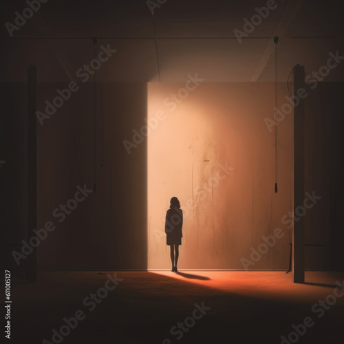 A person standing in a dark room the light of hope slowly fading away ilrating the feeling of hopelessness from Psychology art concept. AI generation © Justlight