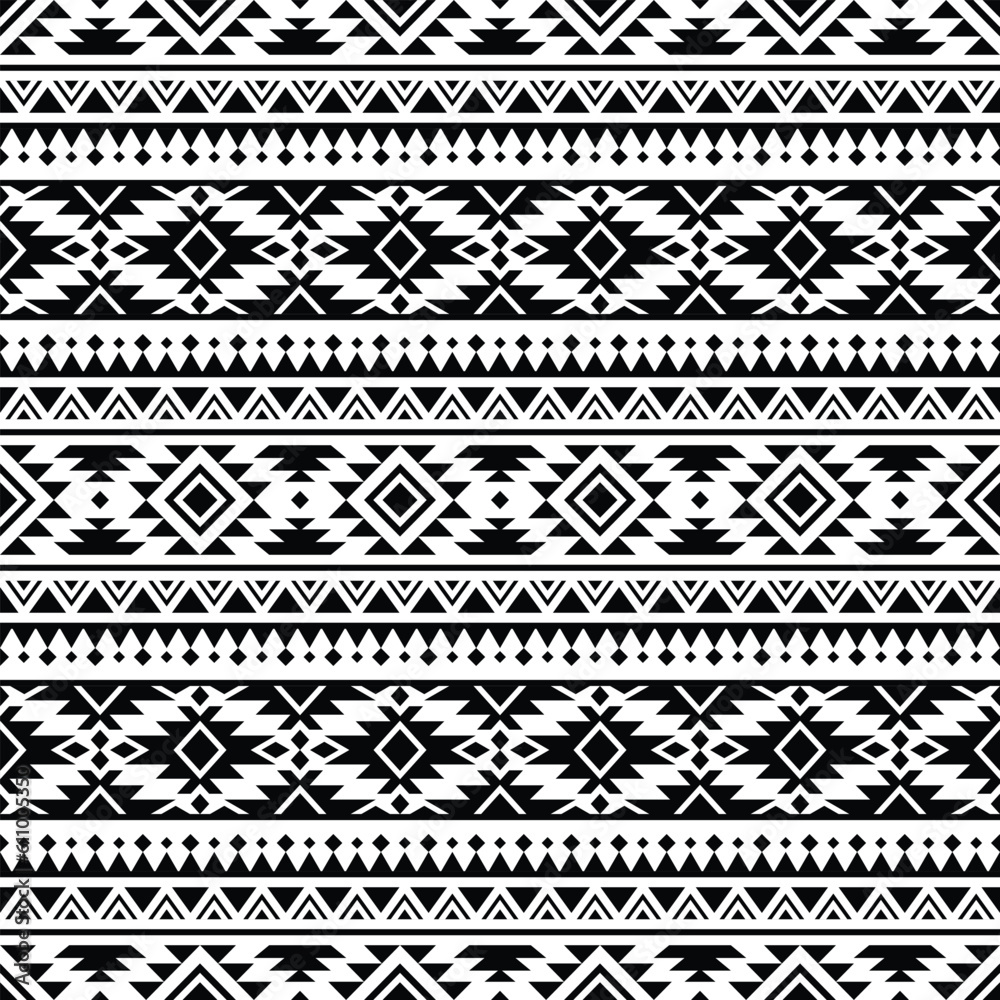 Abstract ethnic geometric background illustration design. Seamless pattern of Aztec tribal. Black and white colors. Design for textile, fabric, clothing, curtain, rug, ornament, wallpaper, wrapping.