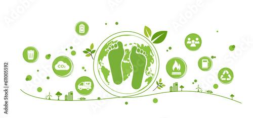 Carbon footprint concept with icon and infographic, measure huge foot, the impact of carbon pollution, Co2 emission in environment, carbon dioxide effect on planet ecosystem. Vector illustration.