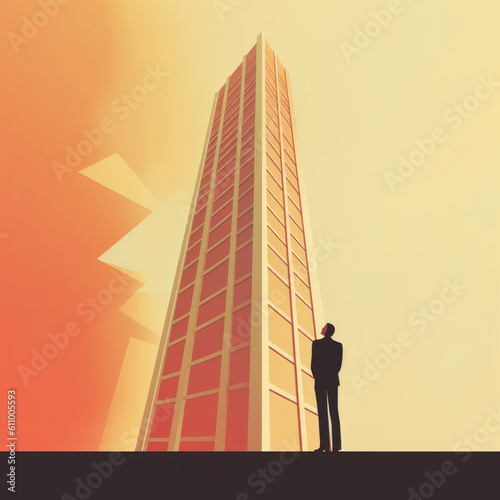 A person looking up in admiration at a tall building Psychology art concept. AI generation