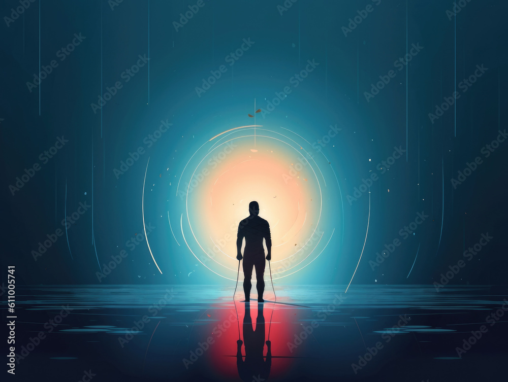 A person with a bow and arrow the arrow never leaving the bowstring as the target looms ahead. Psychology art concept. AI generation A person with a bow and arrow the arrow never leaving the bowstring as the target looms ahead. Psychology art concept. AI generation