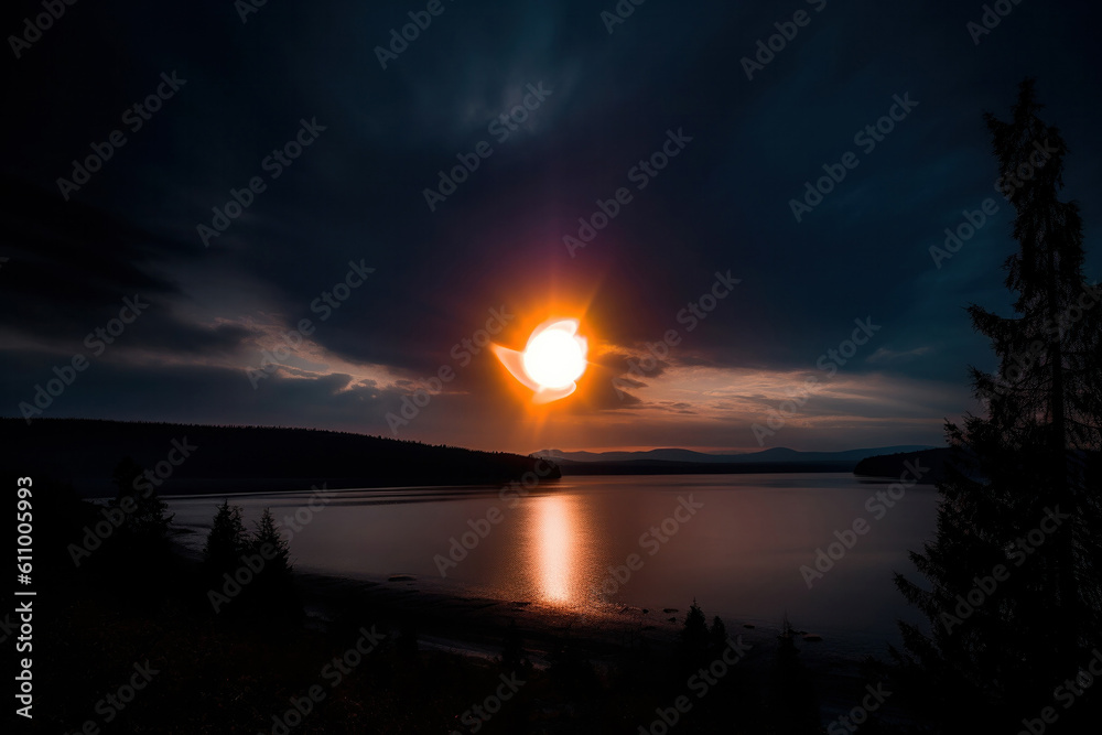 solar eclipse in dark sky above mountains and lake, mysterious natural phenomenon. Moon passes between planet Earth and Sun. Beautiful landscape with solar eclipse. Beauty sunset Generative AI solar eclipse in dark sky above mountains and lake, mysterious natural phenomenon. Moon passes between planet Earth and Sun. Beautiful landscape with solar eclipse. Beauty sunset Generative AI