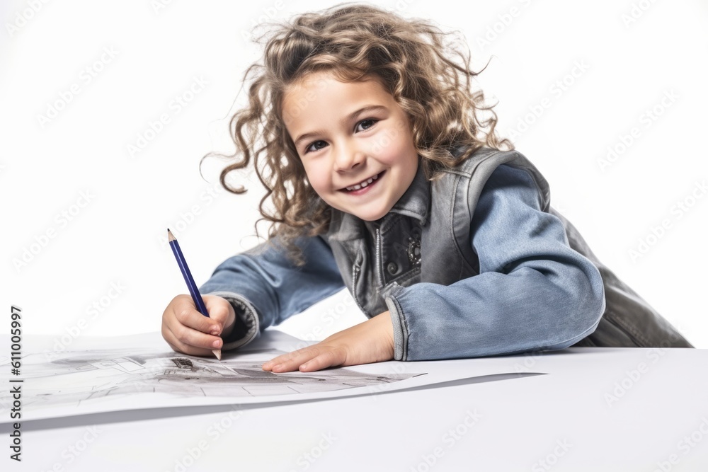 Lifestyle portrait photography of a happy kid female drawing against a white background. With generative AI technology Lifestyle portrait photography of a happy kid female drawing against a white background. With generative AI technology