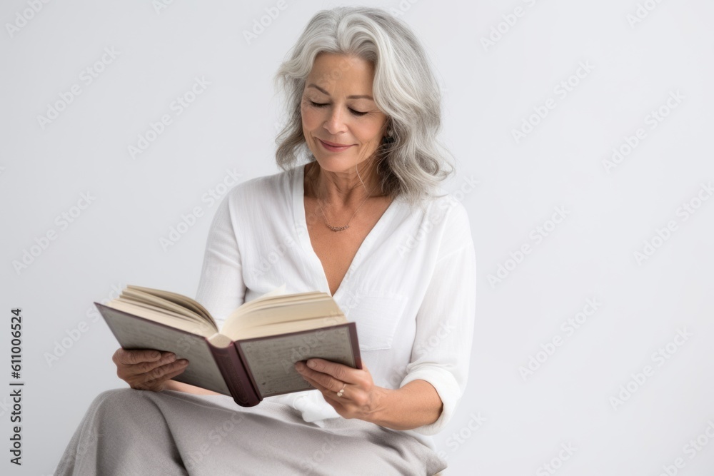 Lifestyle portrait photography of a tender mature woman reading a book against a white background. With generative AI technology Lifestyle portrait photography of a tender mature woman reading a book against a white background. With generative AI technology