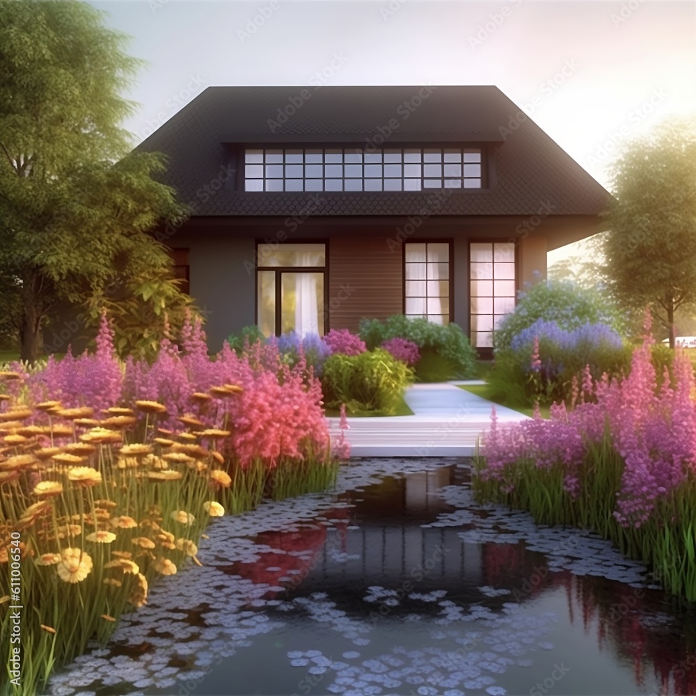 Fototapeta premium Casa da sogno con bellissimo giardino e laghetto