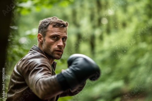Medium shot portrait photography of a satisfied boy in his 30s practicing boxing against a forest background. With generative AI technology