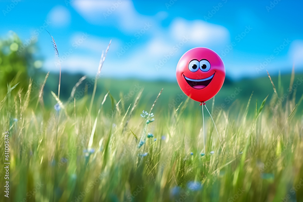 Happy smiling red balloon in a green field with bright blue sky Happy smiling red balloon in a green field with bright blue sky