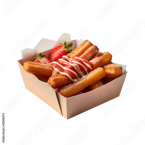 Strawberry sauce churos are served in a paper box like a snack photo