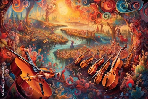 Symphonic Tapestry: Watch as orchestral threads intertwine, weaving a tapestry of melodies and harmonies, painting a masterpiece for the ears, cartoon style illustration generative ai