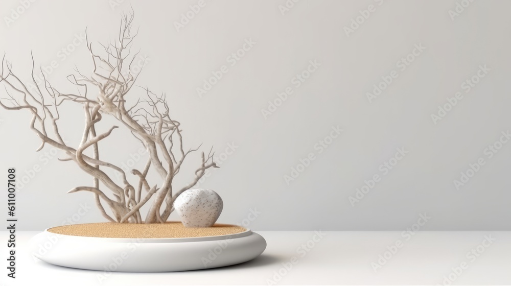 Podium and dry tree twigs branch with white sand beach on white background. Generative ai