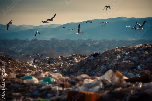 Overloaded dumpster  pile full of trash and seagulls flying above. Garbage collection in the city works badly. Urban pollution waste and environmental education problems in the city. Generative AI