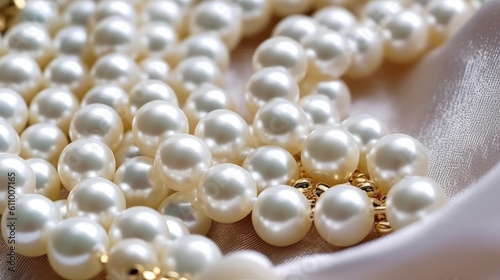 Beautiful pearls on white silk, top view. Generative ai