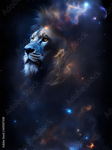 Lion in space nebula  water ink. Generative AI.
