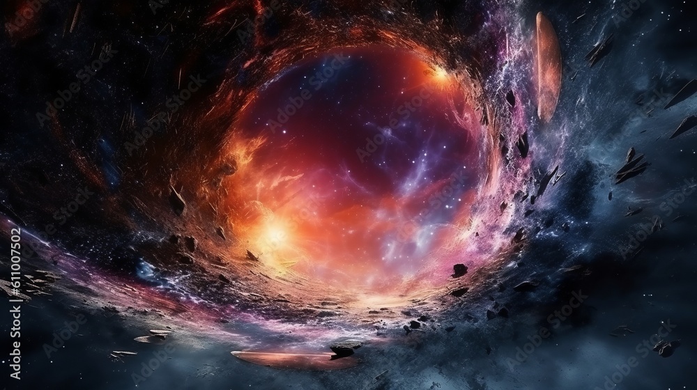 Magical fantasy black hole portal in the space with colorful nebula. Generative ai