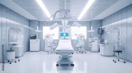Interior of operating room in modern clinic with computer equipment. Generative ai