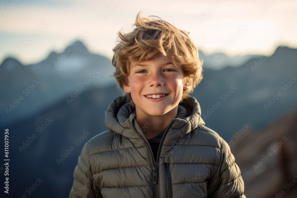 Lifestyle portrait photography of a satisfied kid male smiling against a mountain range background. With generative AI technology Lifestyle portrait photography of a satisfied kid male smiling against a mountain range background. With generative AI technology