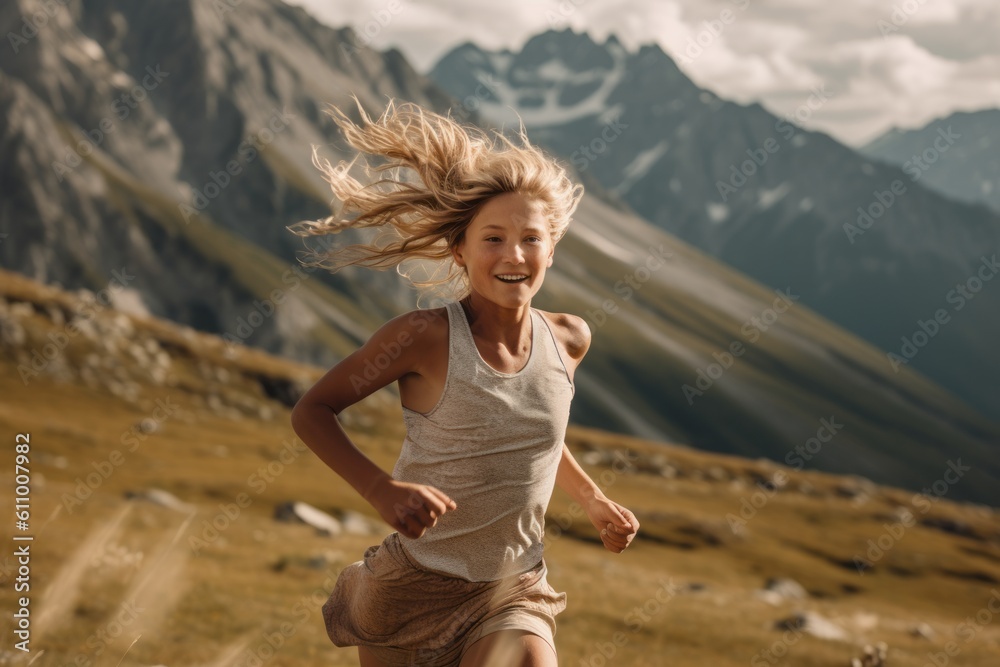 Lifestyle portrait photography of a joyful girl in her 30s running against a mountain range background. With generative AI technology