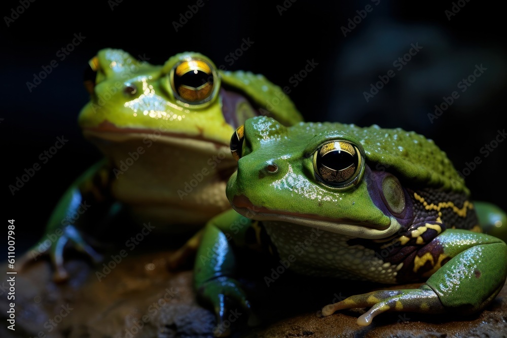 two green tree frogs laying on a tree branch Generative AI two green tree frogs laying on a tree branch Generative AI