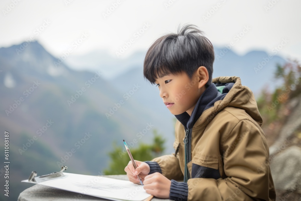 Environmental portrait photography of a satisfied boy in his 30s drawing against a mountain range background. With generative AI technology Environmental portrait photography of a satisfied boy in his 30s drawing against a mountain range background. With generative AI technology