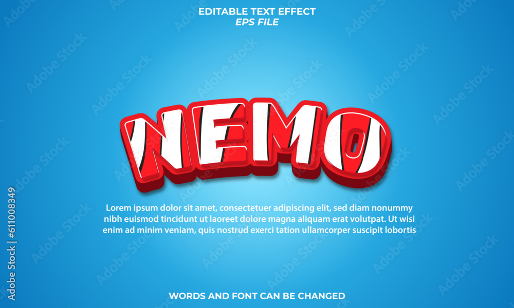 nemo text effect, font editable, typography, 3d text. vector template