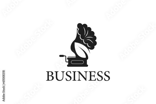 Creative logo design depicting a vinyl player with a leaf and a trumpet - Logo Design Template	
