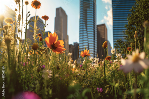 Rewilding the city, a city surrounded by flowers and greenery created with Generative AI technology