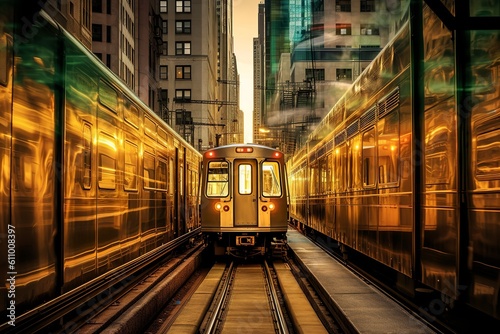 tram in the city at sunset, generative ai