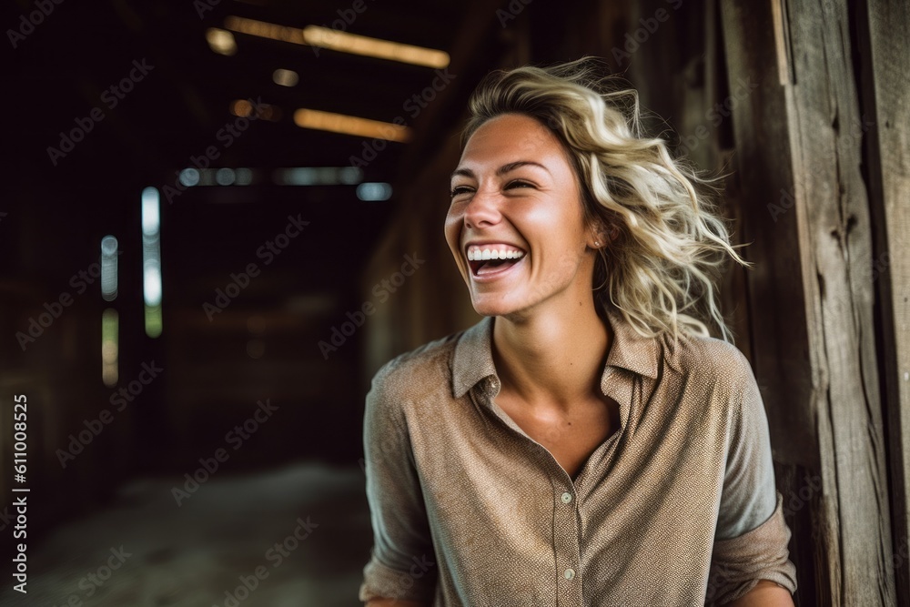 Lifestyle portrait photography of a happy girl in her 30s laughing against a rustic barn background. With generative AI technology Lifestyle portrait photography of a happy girl in her 30s laughing against a rustic barn background. With generative AI technology