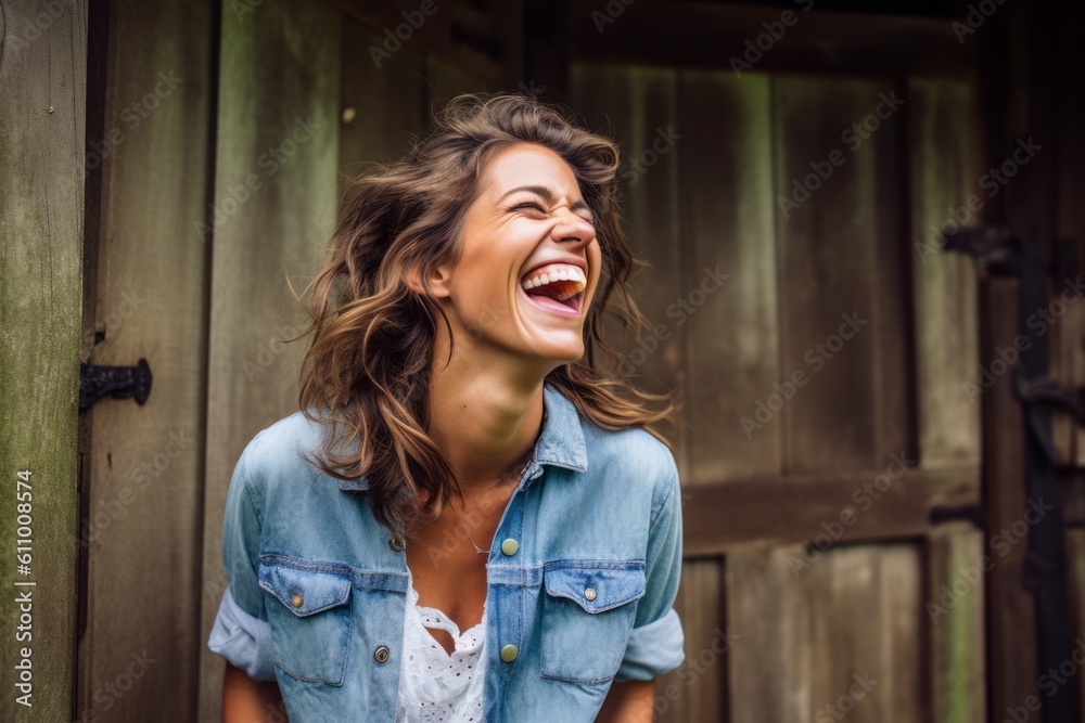 Lifestyle portrait photography of a happy girl in her 30s laughing against a rustic barn background. With generative AI technology Lifestyle portrait photography of a happy girl in her 30s laughing against a rustic barn background. With generative AI technology