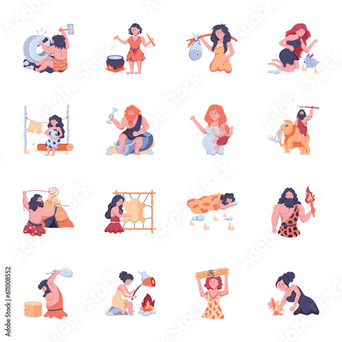 Set of Cave Persons Flat Icons 

