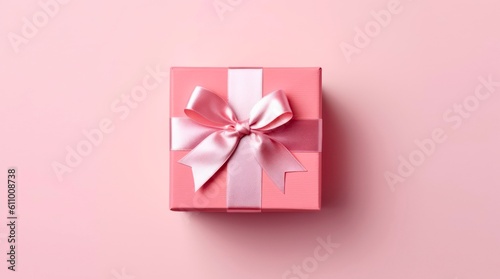 Top view on pink gift box on pastel pink background. Generative AI. © Hanna