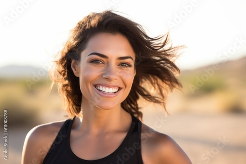 Close-up portrait photography of a grinning girl in her 30s doing pilates against a desert landscape background. With generative AI technology