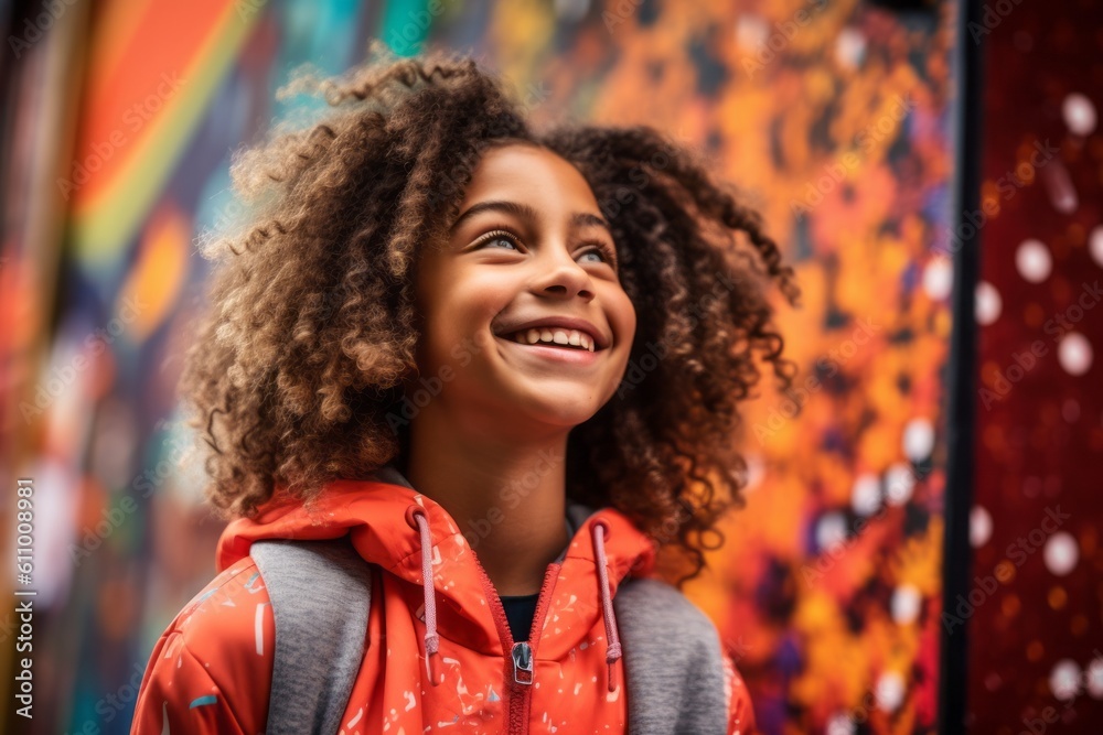 Lifestyle portrait photography of a satisfied kid female smiling against a colorful graffiti wall background. With generative AI technology Lifestyle portrait photography of a satisfied kid female smiling against a colorful graffiti wall background. With generative AI technology