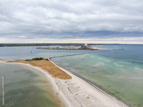 Luftaufnahme über dem Wulfener Hals: Luftaufnahme von Fehmarns Küstenjuwel mit Blick auf Burg, Burgtiefe, Südstrand, Campingplatz, Meer, Strand und Yachthafen photo