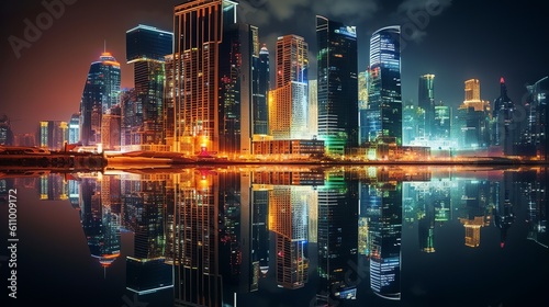 modern city skyline at night, colorful lights, generative ai