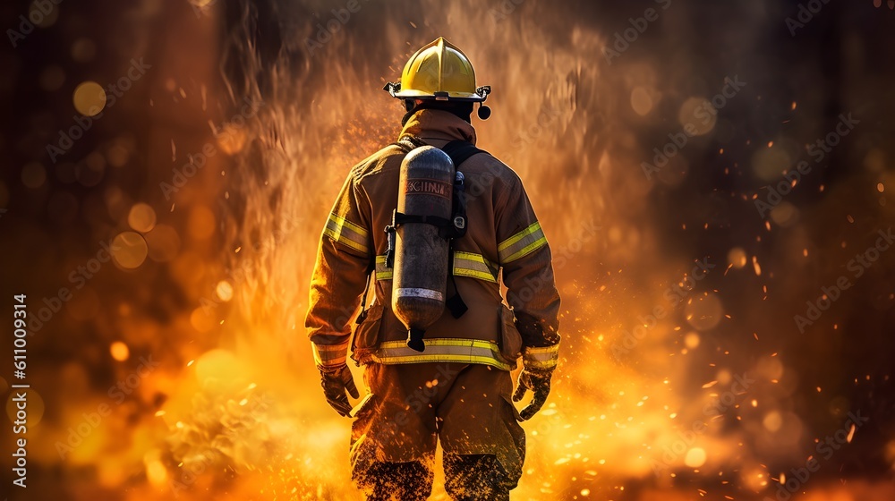 Back View of a Firefighter Against Fiery Background - obrazy, fototapety, plakaty 