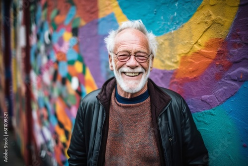 Environmental portrait photography of a glad old man smiling against a colorful graffiti wall background. With generative AI technology © Markus Schröder
