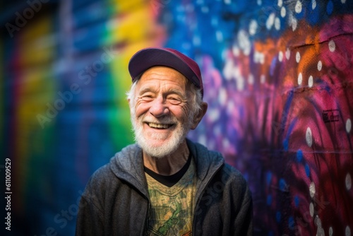 Environmental portrait photography of a glad old man smiling against a colorful graffiti wall background. With generative AI technology