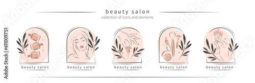 Big set of elements and logos for beauty salon. Nail polish,  manicured female hands, beautiful woman face, lipstick, eyelash extension, makeup, hairdressing. Vector illustrations
