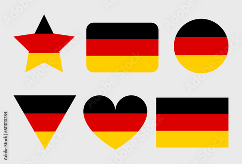 Germany flag vector icons set in the shape of heart  star  circle and map. German flag illustration in different geometrical shapes.