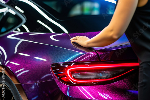 A woman car wrapping specialist at work, wrapping a sports car with vinyl chameleon car wrap. Making assessment after accident, Ai generated art © Pavel