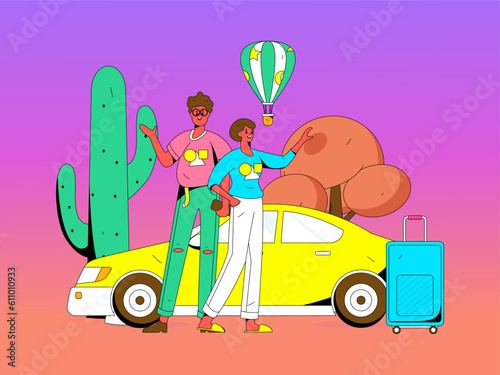 Flat vector concept operation hand-drawn illustration of people taking a taxi 