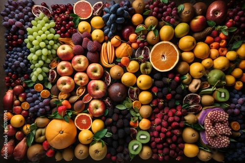 a lot of colorful fresh tasty fruits background  generative ai