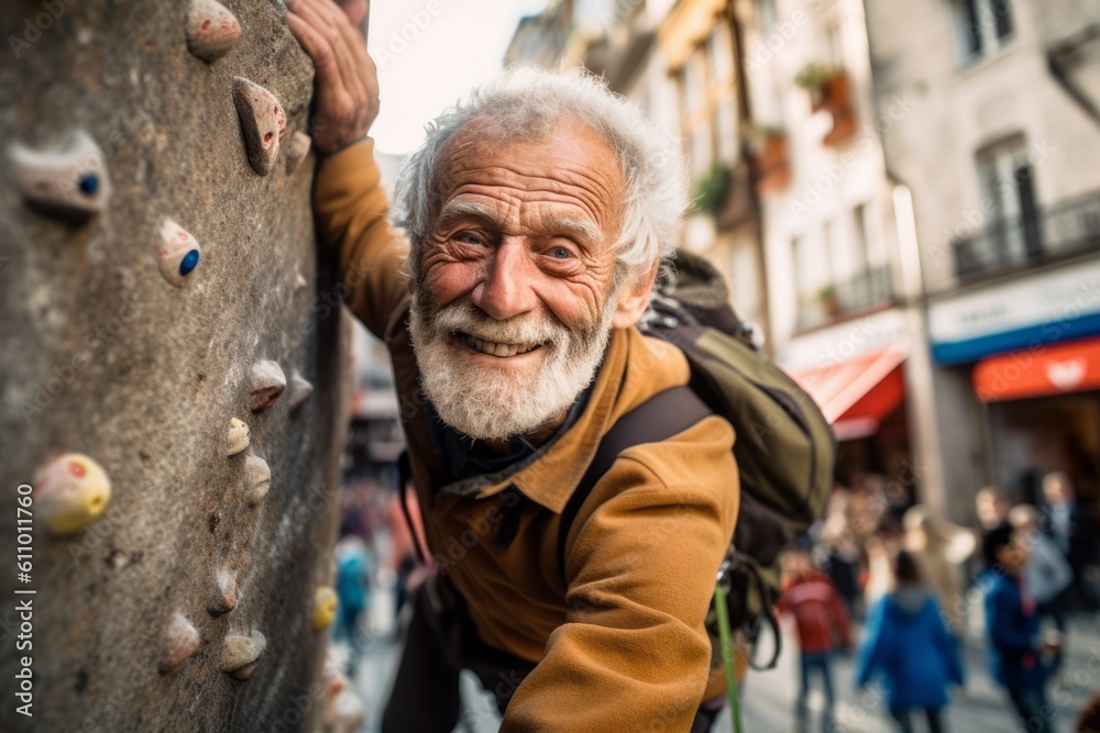 Medium shot portrait photography of a happy old man practicing rock climbing against a busy street background. With generative AI technology Medium shot portrait photography of a happy old man practicing rock climbing against a busy street background. With generative AI technology