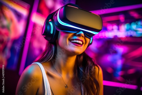 Close-up portrait photography of a glad girl in her 30s playing with virtual reality mask against a neon sign background. With generative AI technology